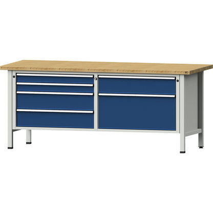 Workbenches 2000 mm wide, frame construction, 6 drawers, solid beech worktop, height 840 mm.
