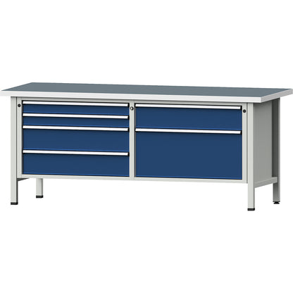 Workbenches 2000 mm wide, frame construction, 6 drawers, universal worktop, height 840 mm.