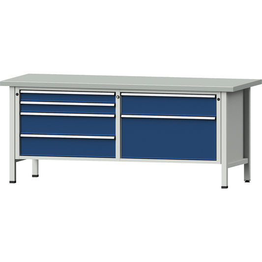 Workbenches 2000 mm wide, frame construction, 6 drawers, sheet steel covered worktop, height 840 mm.