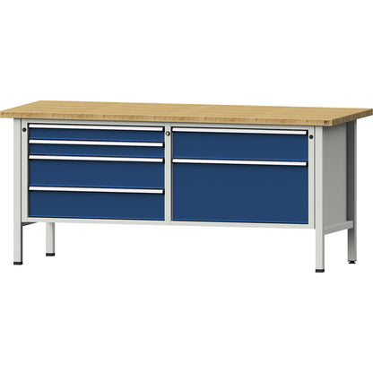 Workbenches 2000 mm wide, frame construction, 6 drawers, solid beech worktop, height 890 mm.