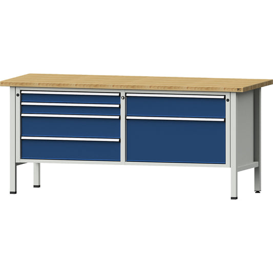 Workbenches 2000 mm wide, frame construction, 6 drawers, solid beech worktop, height 890 mm.