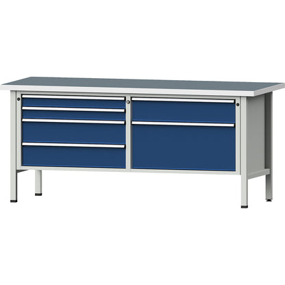 Workbenches 2000 mm wide, frame construction, 6 drawers, universal worktop, height 890 mm.