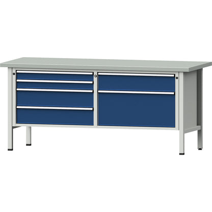 Workbenches 2000 mm wide, frame construction, 6 drawers, sheet steel covered worktop, height 890 mm.