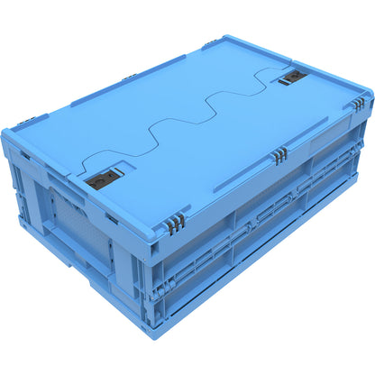 Polypropylene folding box, capacity 44 l, with hinged lid, blue, stackable.