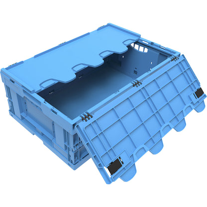 Polypropylene folding box, capacity 44 l, with hinged lid, blue, stackable.