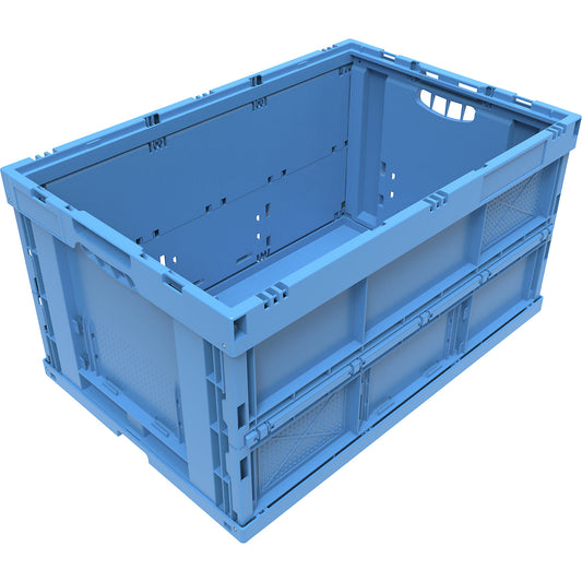 Polypropylene folding box, capacity 65 l, closed model, blue, without lid, stackable.