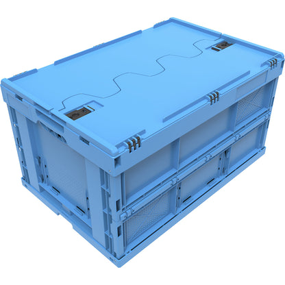 Polypropylene folding box, capacity 60 l, with hinged lid, blue, stackable.