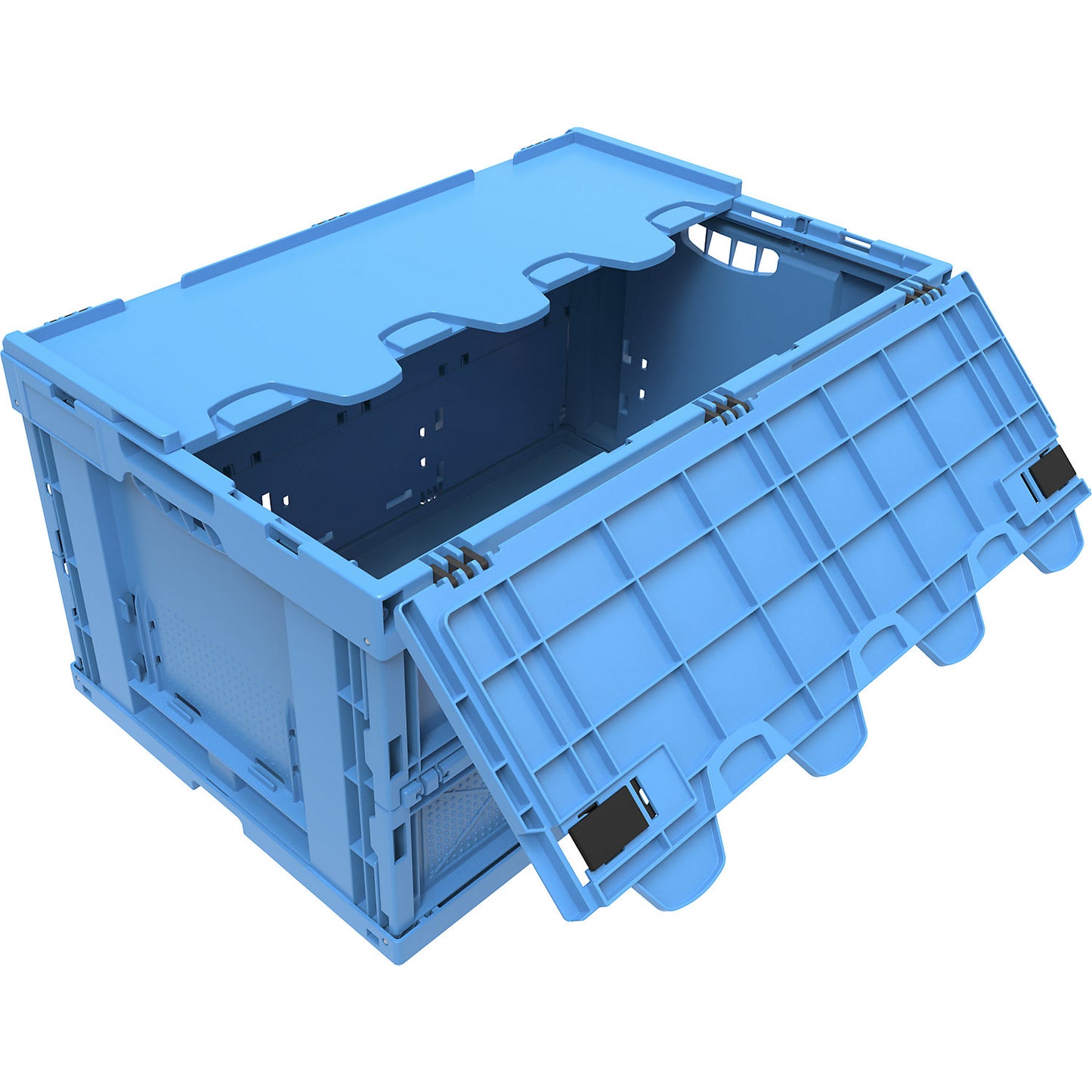 Polypropylene folding box, capacity 60 l, with hinged lid, blue, stackable.