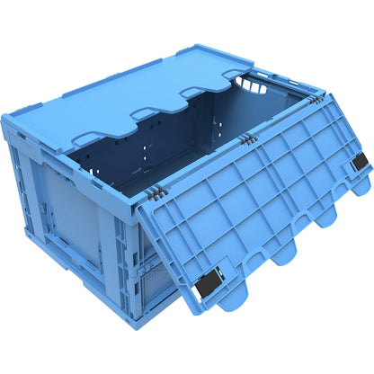 Polypropylene folding box, capacity 60 l, with hinged lid, blue, stackable.
