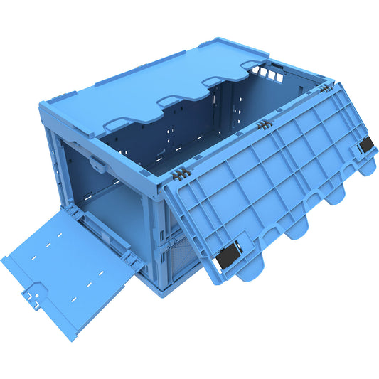 Polypropylene folding box, capacity 65 l, closed with access flap at front, blue, with hinged lid, stackable.