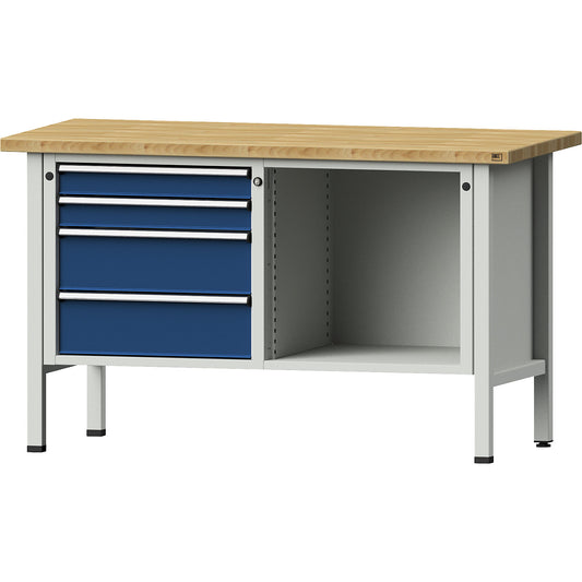 Workbench, Series V frame construction, 4 drawers, 1 shelf, solid beech, height 890 mm.