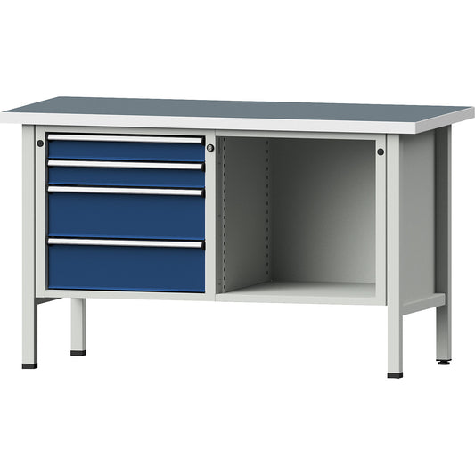 Workbench, Series V frame construction, 4 drawers, 1 shelf, universal worktop, height 890 mm.