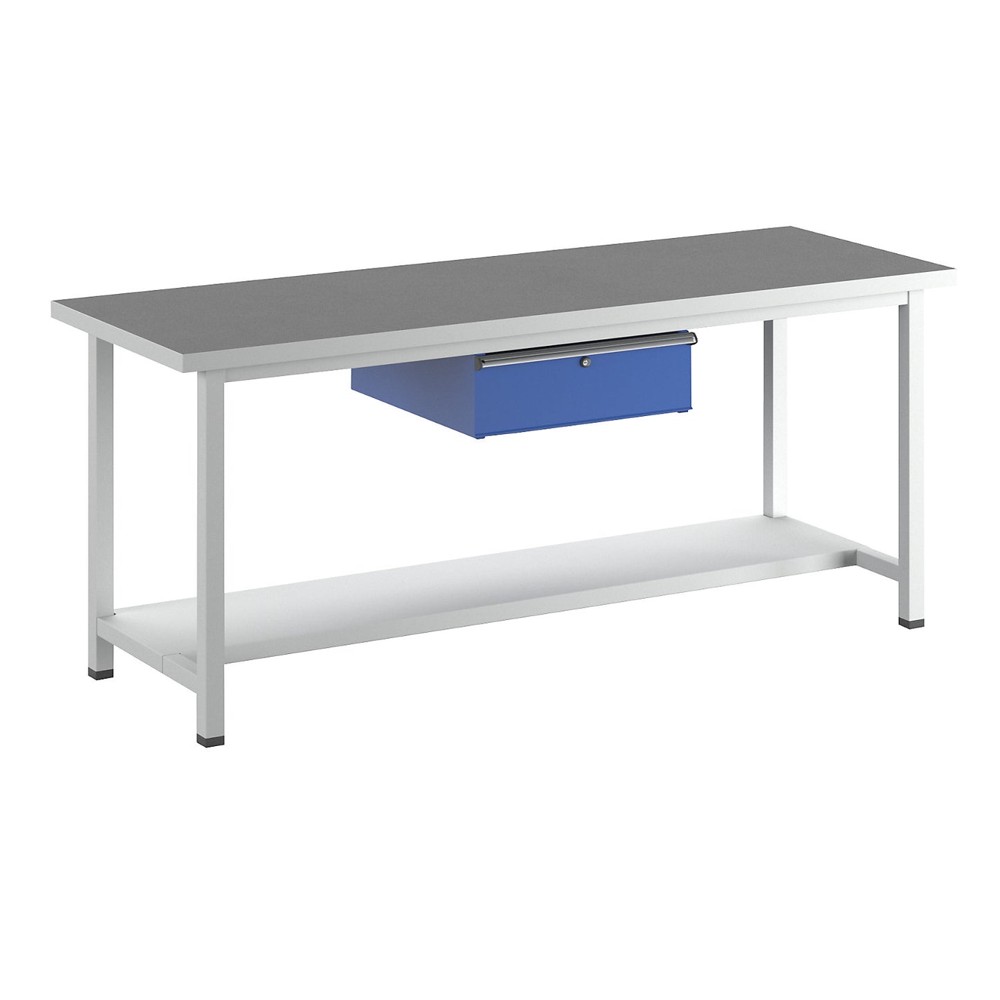 Workbench, Series V frame construction, 1 drawer, 1 shelf, width 2000 mm, universal worktop.
