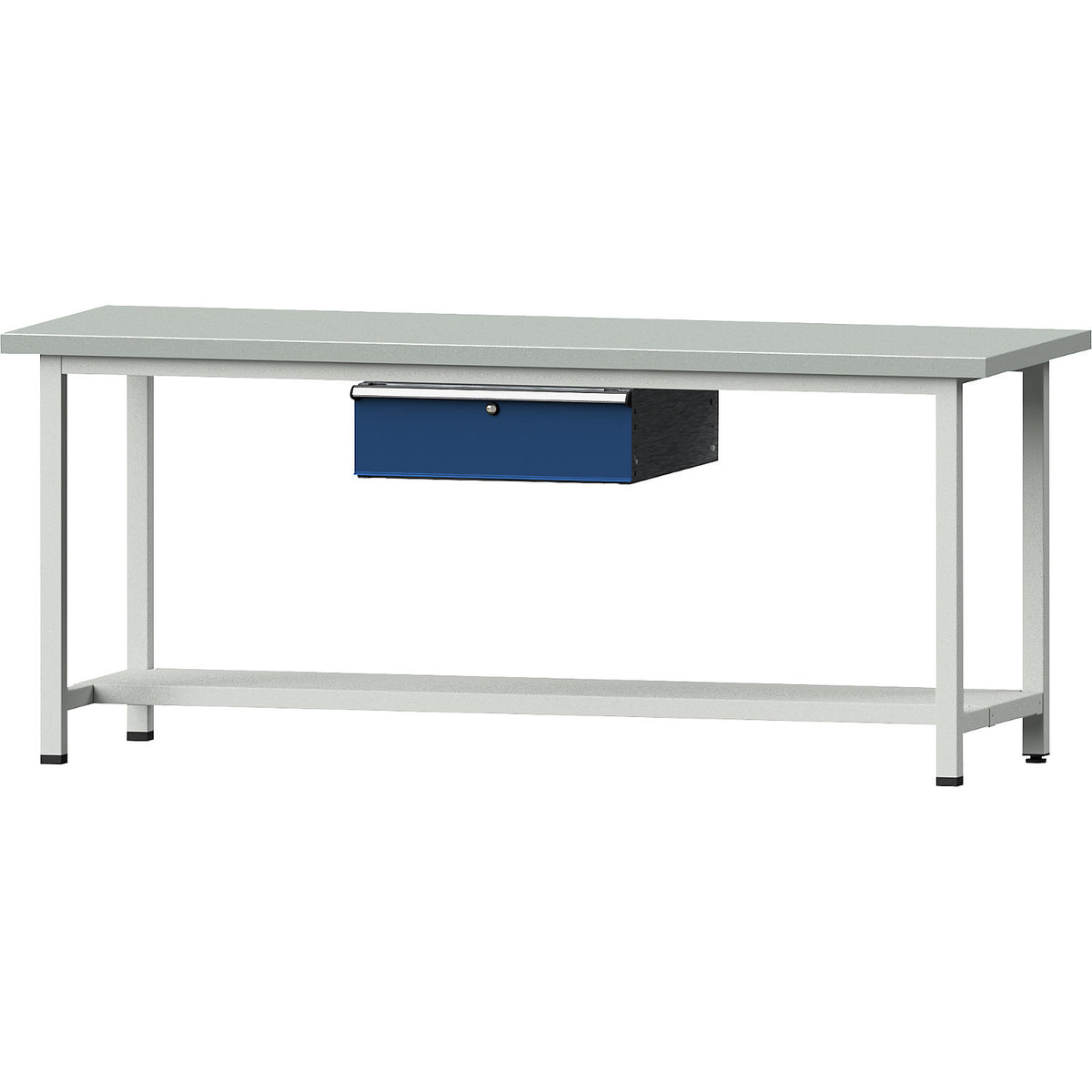 Workbench, Series V frame construction, 1 drawer, 1 shelf, width 2000 mm, sheet steel covered worktop.