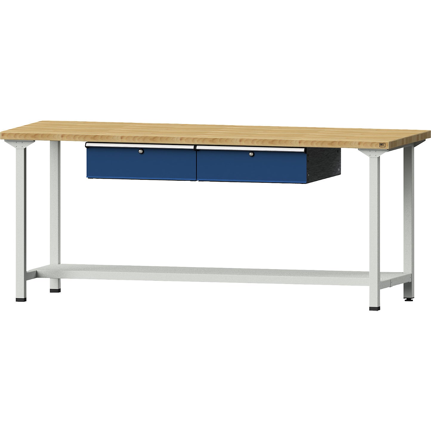 Workbench, Series V frame construction, 2 drawers, 1 shelf, width 2000 mm, solid beech worktop.