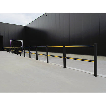 Flex Impact® HD Light safety railing, black posts - black/yellow stripes, width 3750 mm.