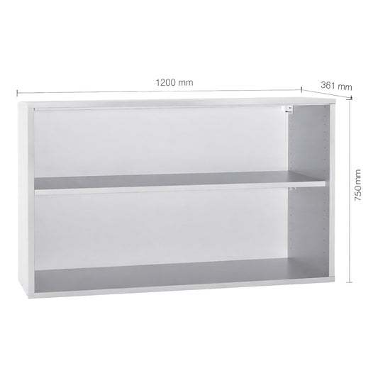Laboratory wall mounted shelf unit, 1 central partition, 2 shelves, WxDxH 1200 x 381 x 750 mm.