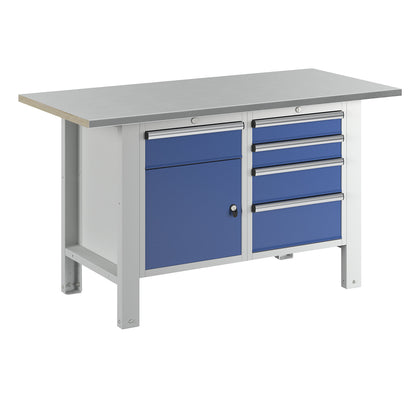 Workbench, modular system, worktop width 1500 mm, 5 drawers, 1 door, sheet steel covered worktop.