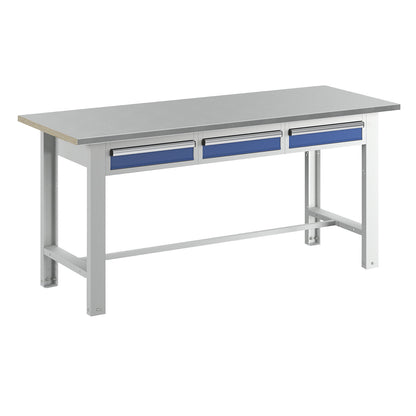 Workbench, modular system, worktop width 1850 mm, 3 drawers, sheet steel covered worktop.