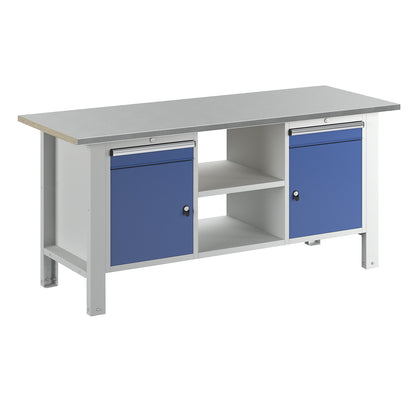 Workbench, modular system, worktop width 1850 mm, 2 drawers, 2 doors, sheet steel covered worktop.