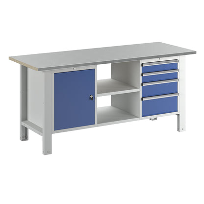 Workbench, modular system, worktop width 1850 mm, 4 drawers, 1 door, sheet steel covered worktop.