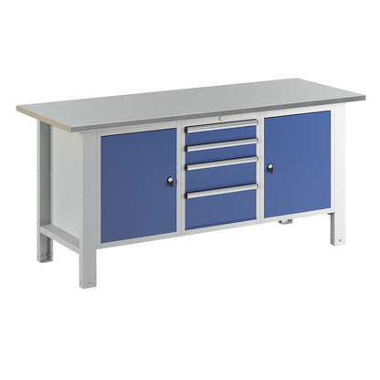 Workbench, modular system, worktop width 1850 mm, 4 drawers, 2 doors, sheet steel covered worktop.