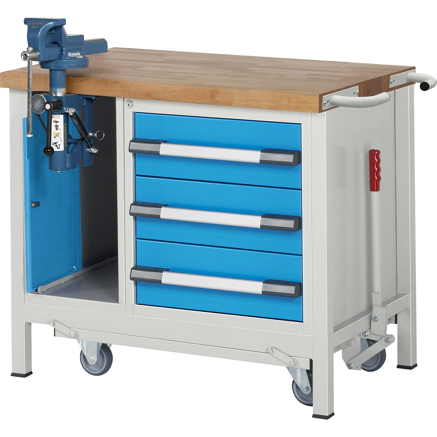 Mobile and lowerable workbench, Series 8000 frame construction, 3 drawers, lift door vice, WxD 1000 x 700 mm.