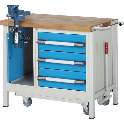 Mobile and lowerable workbench, Series 8000 frame construction, 3 drawers, lift door vice, WxD 1000 x 700 mm.