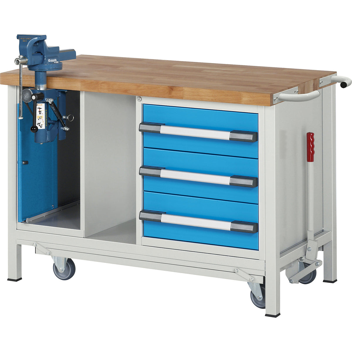 Mobile and lowerable workbench, Series 8000 frame construction, 3 drawers, lift door vice, WxD 1250 x 700 mm.