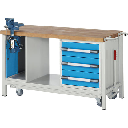 Mobile and lowerable workbench, Series 8000 frame construction, 3 drawers, lift door vice, WxD 1500 x 700 mm.