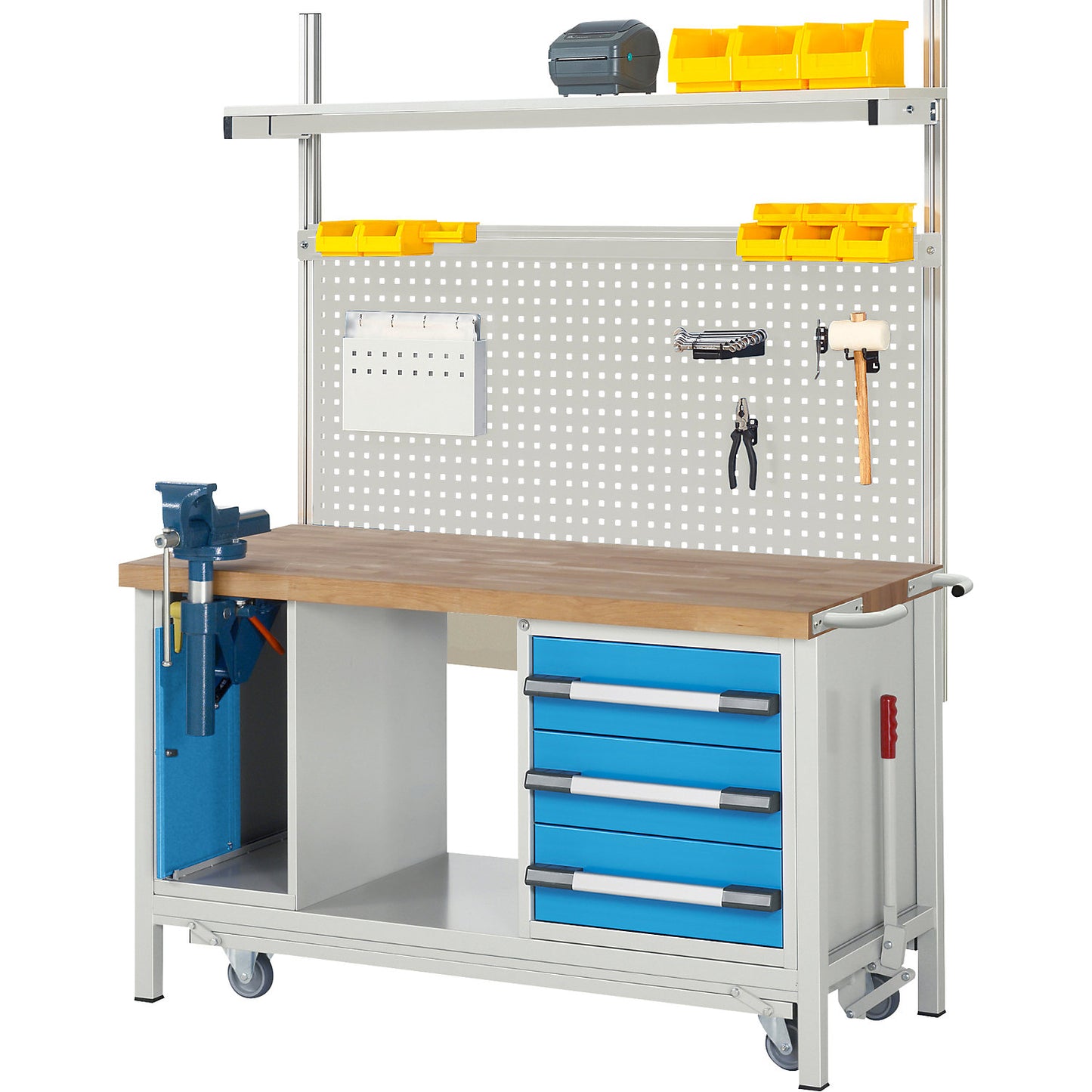 Mobile and lowerable workbench, Series 8000 frame construction, 3 drawers, lift door vice, WxD 1500 x 700 mm.