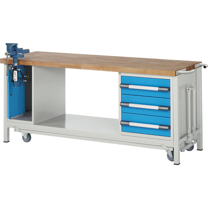 Mobile and lowerable workbench, Series 8000 frame construction, 3 drawers, lift door vice, WxD 2000 x 700 mm.