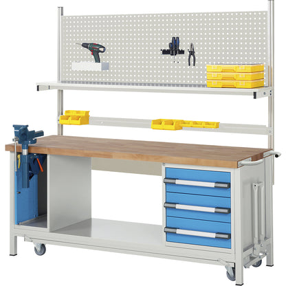 Mobile and lowerable workbench, Series 8000 frame construction, 3 drawers, lift door vice, WxD 2000 x 700 mm.