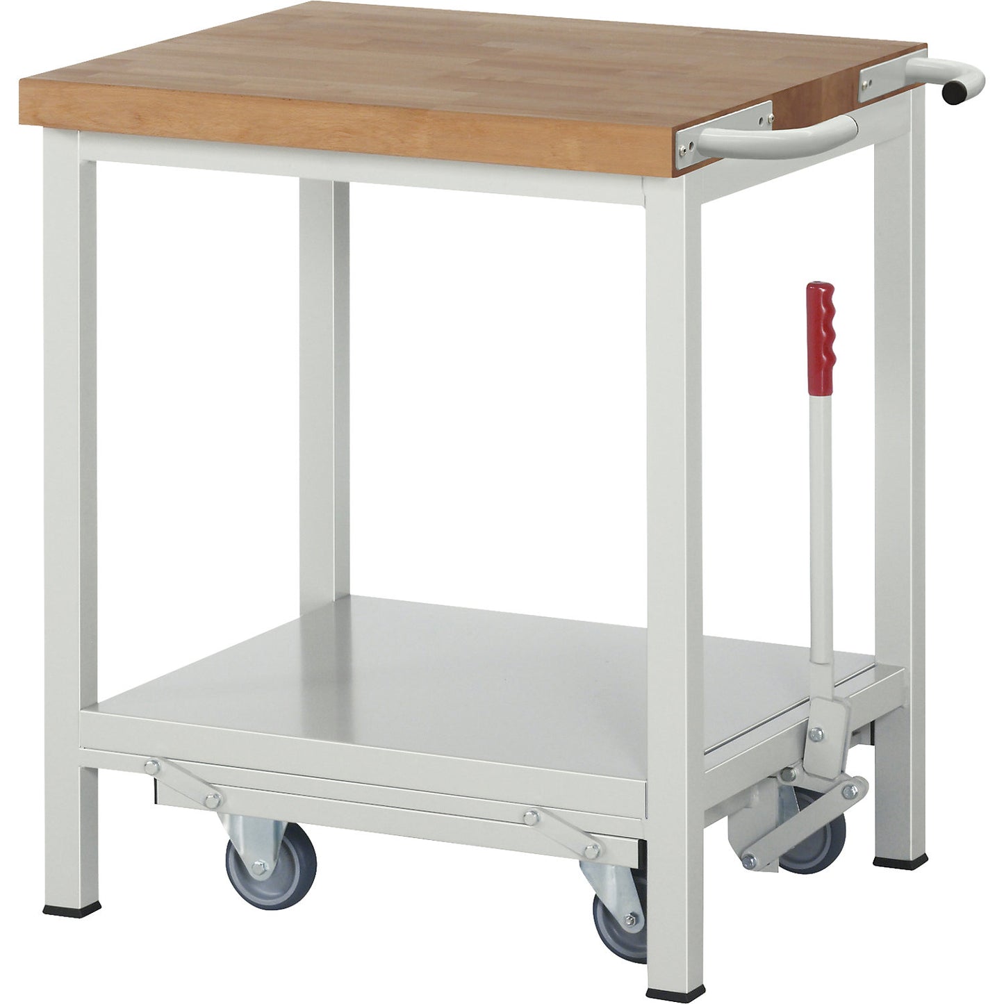 Mobile and lowerable workbench, Series 8000 frame construction, 1 shelf, WxD 750 x 700 mm.
