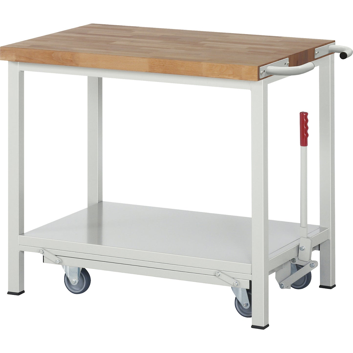 Mobile and lowerable workbench, Series 8000 frame construction, 1 shelf, WxD 1000 x 700 mm.