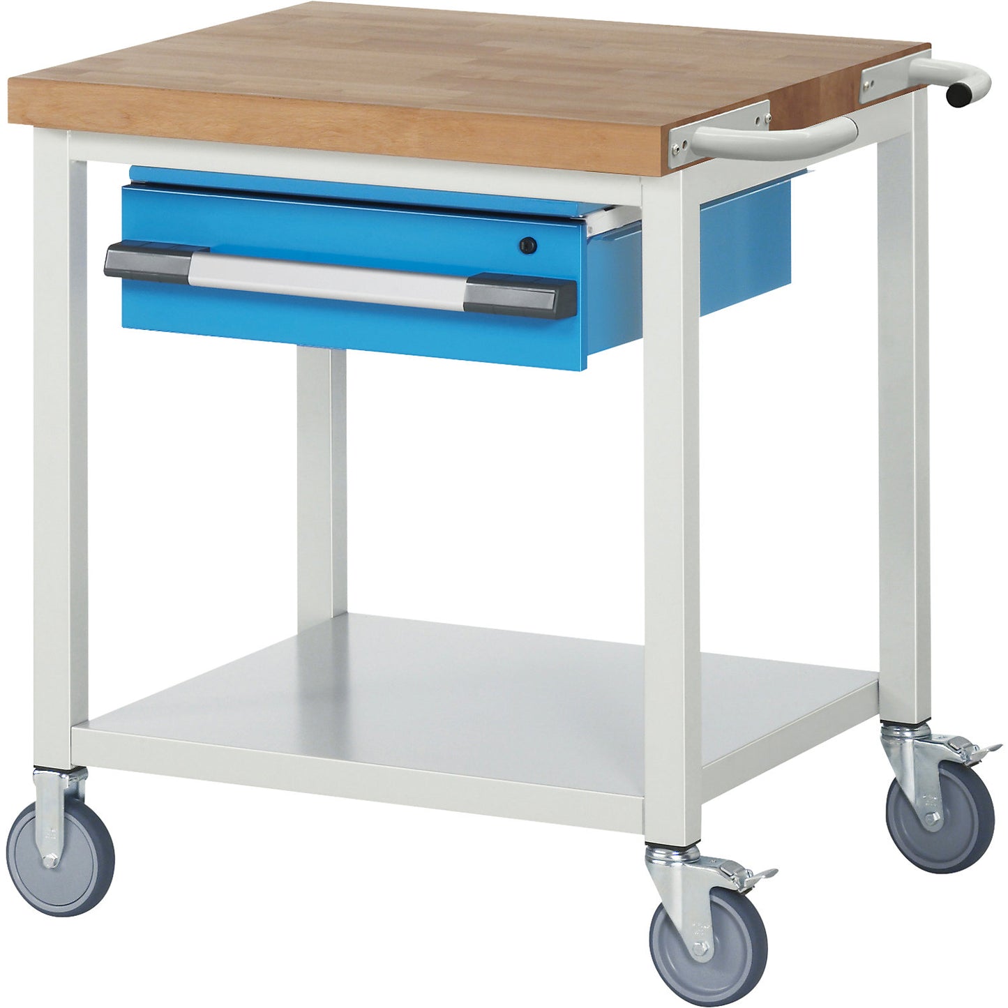 Series 8000 mobile workbench, frame system, 1 suspended drawer, storage shelf, WxD 750 x 700 mm.