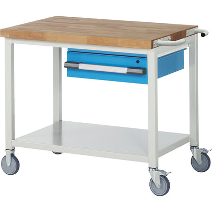 Series 8000 mobile workbench, frame system, 1 suspended drawer, storage shelf, WxD 1000 x 700 mm.