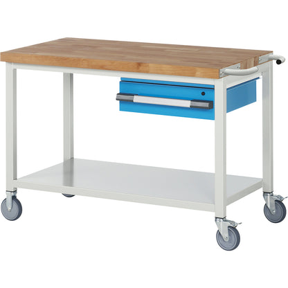 Series 8000 mobile workbench, frame system, 1 suspended drawer, storage shelf, WxD 1250 x 700 mm.