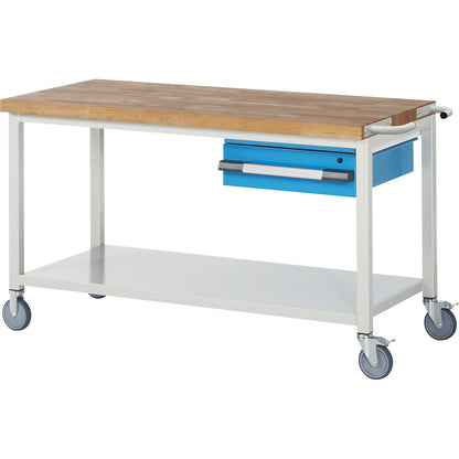 Series 8000 mobile workbench, frame system, 1 suspended drawer, storage shelf, WxD 1500 x 700 mm.