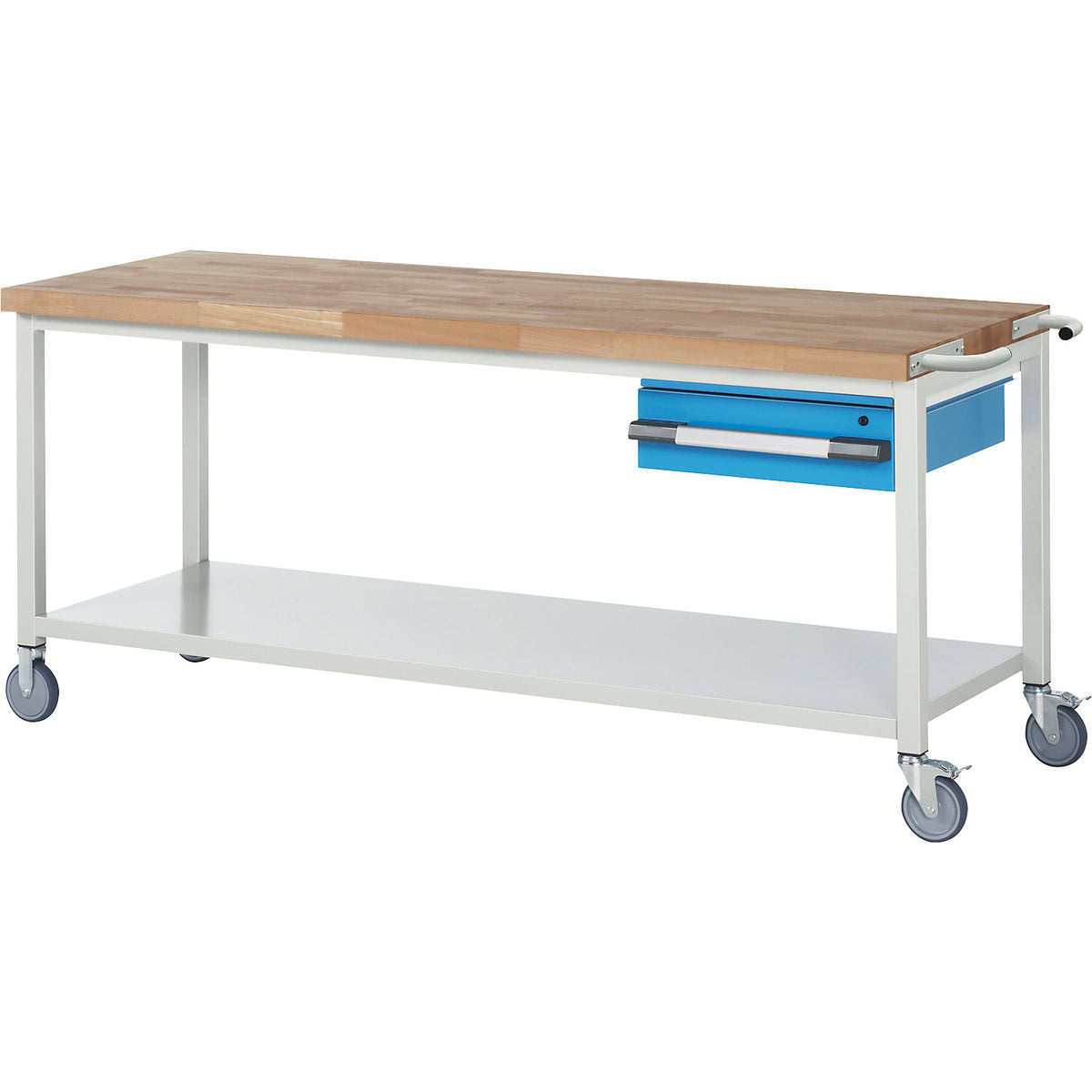 Series 8000 mobile workbench, frame system, 1 suspended drawer, storage shelf, WxD 2000 x 700 mm.