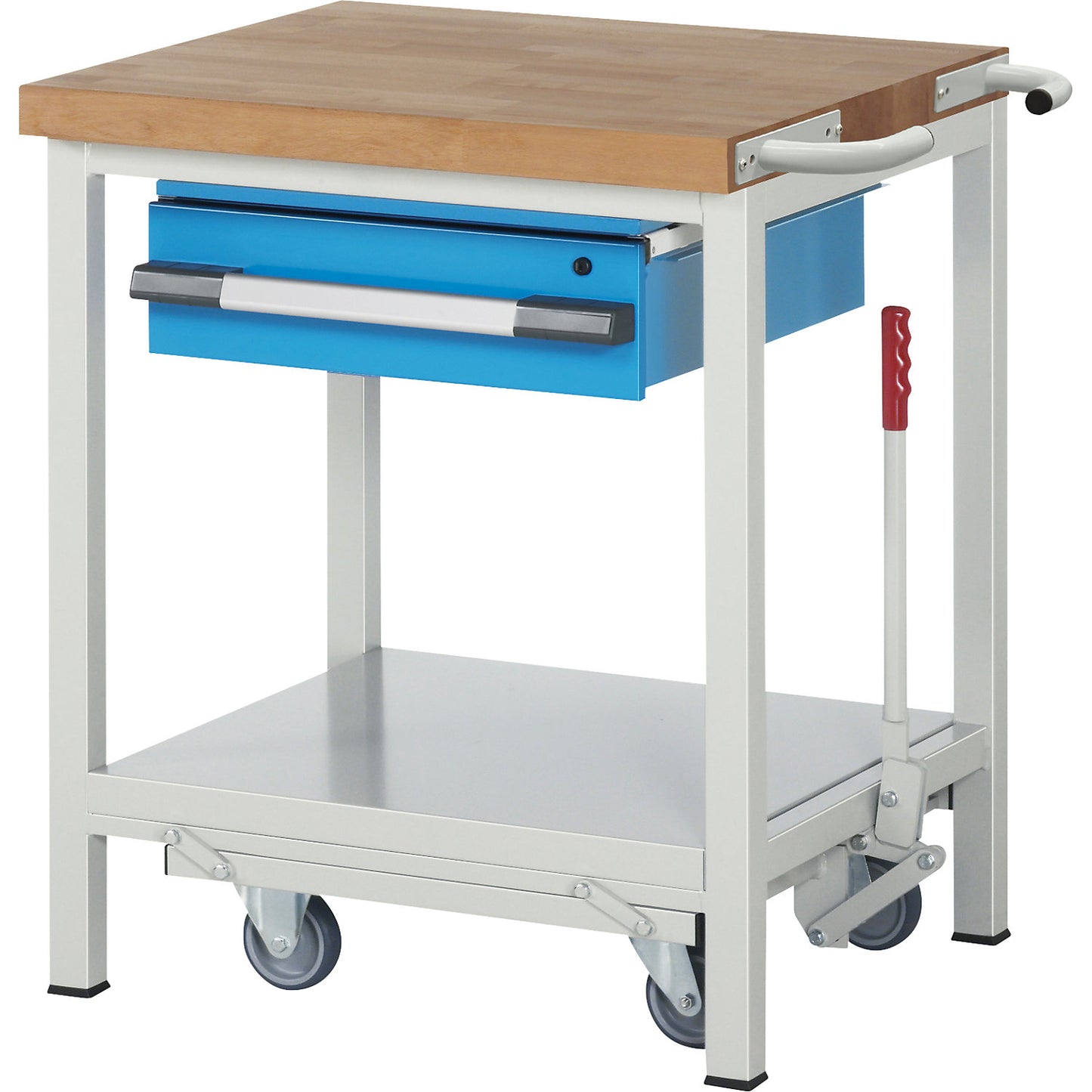 Mobile and lowerable workbench, Series 8000 frame construction, 1 suspended drawer, storage shelf, WxD 750 x 700 mm.