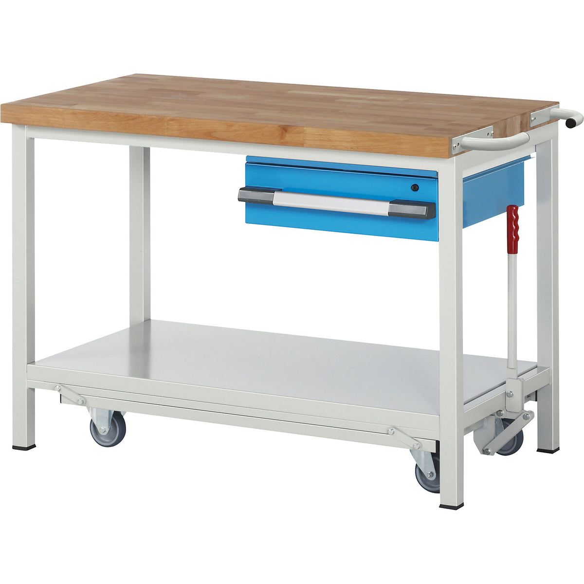 Mobile and lowerable workbench, Series 8000 frame construction, 1 suspended drawer, storage shelf, WxD 1250 x 700 mm.