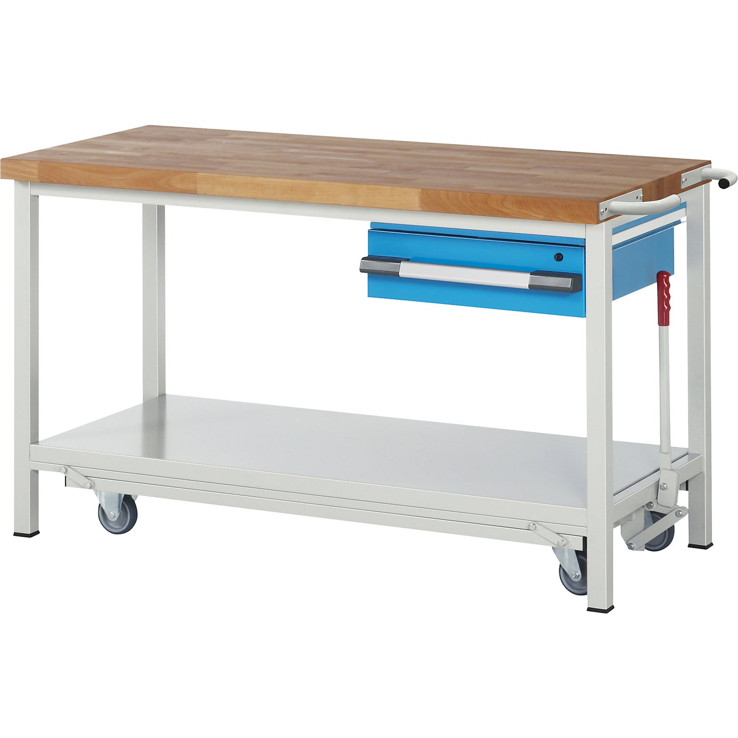 Mobile and lowerable workbench, Series 8000 frame construction, 1 suspended drawer, storage shelf, WxD 1500 x 700 mm.