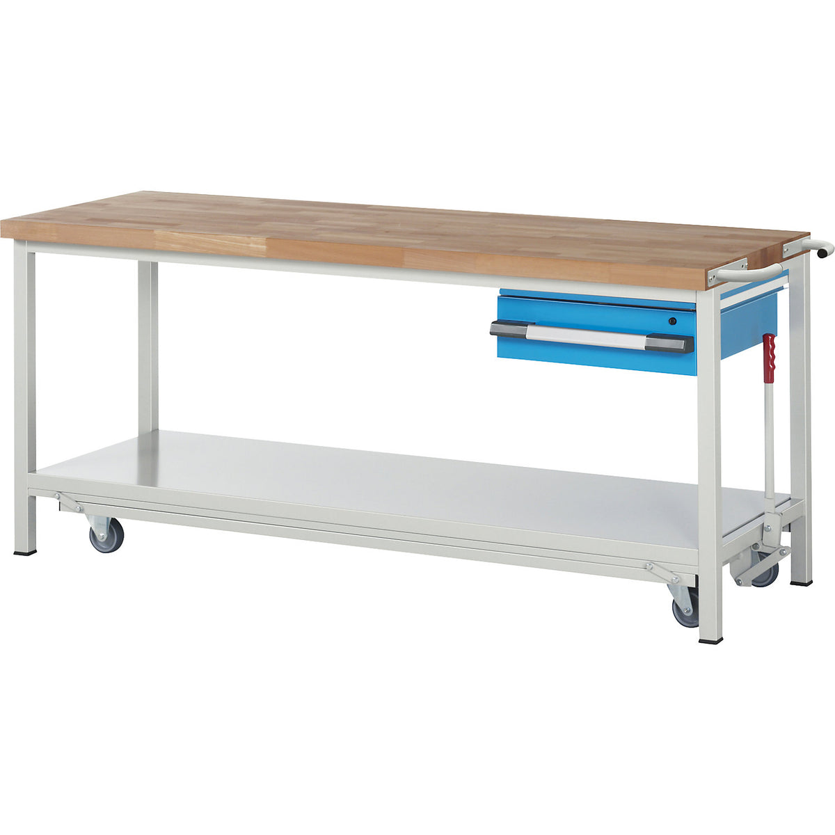 Mobile and lowerable workbench, Series 8000 frame construction, 1 suspended drawer, storage shelf, WxD 2000 x 700 mm.