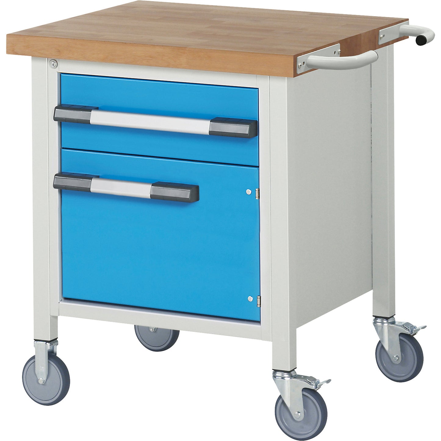 Series 8000 mobile workbench, frame system, 1 drawer, 1 door, storage shelf, WxD 750 x 700 mm.