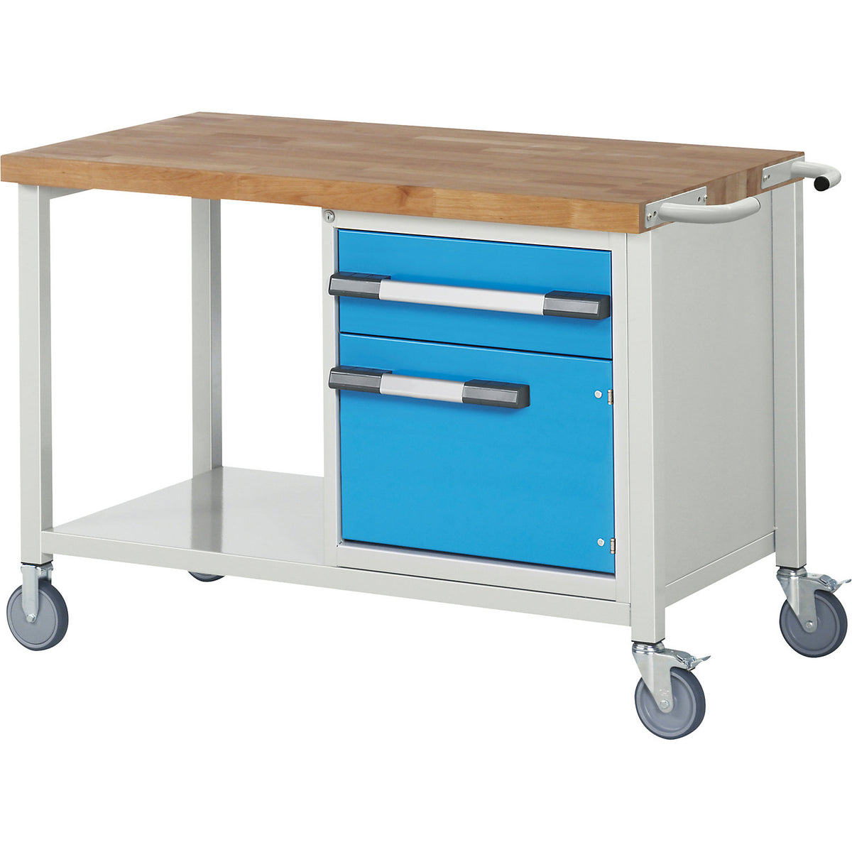Series 8000 mobile workbench, frame system, 1 drawer, 1 door, storage shelf, WxD 1250 x 700 mm.