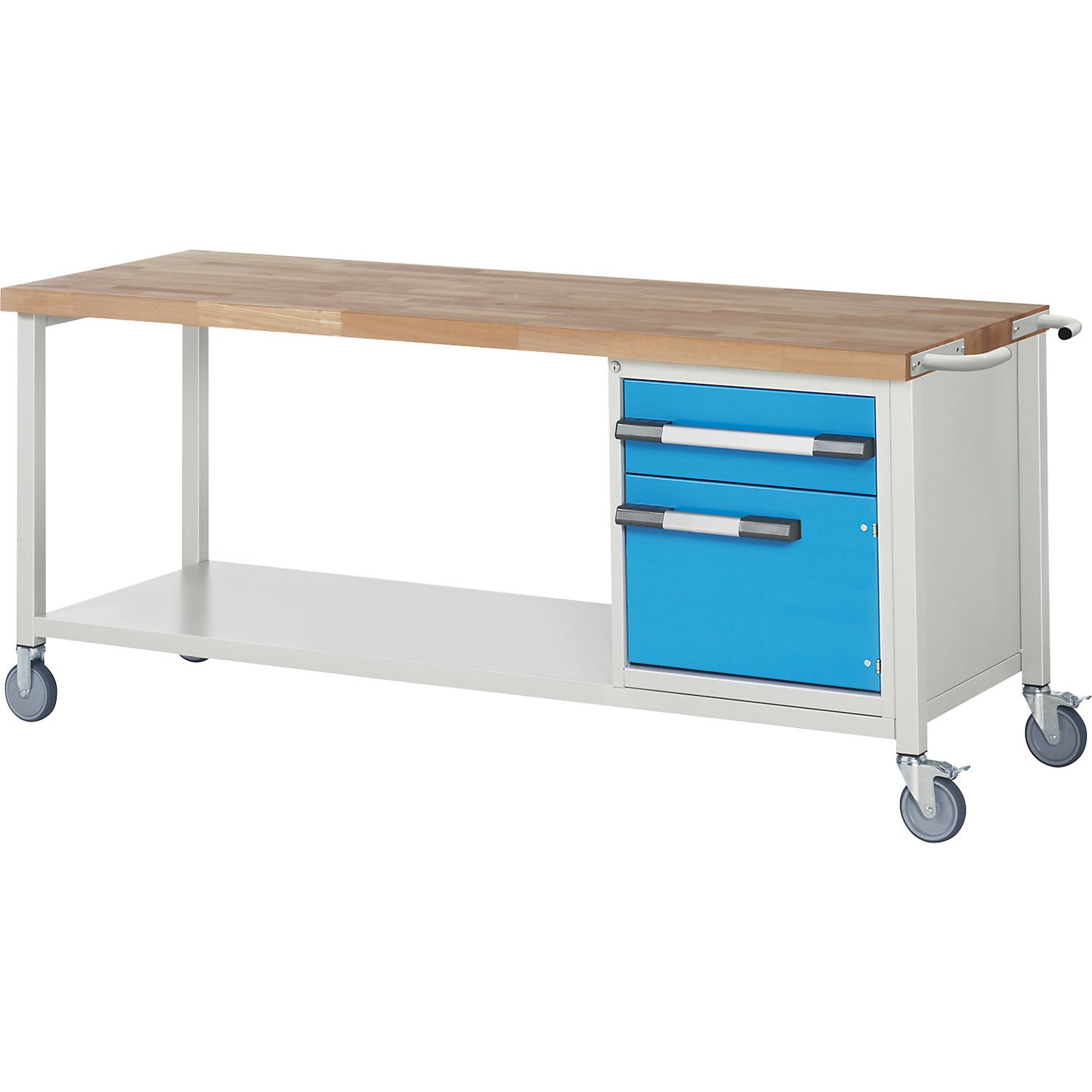 Series 8000 mobile workbench, frame system, 1 drawer, 1 door, storage shelf, WxD 2000 x 700 mm.