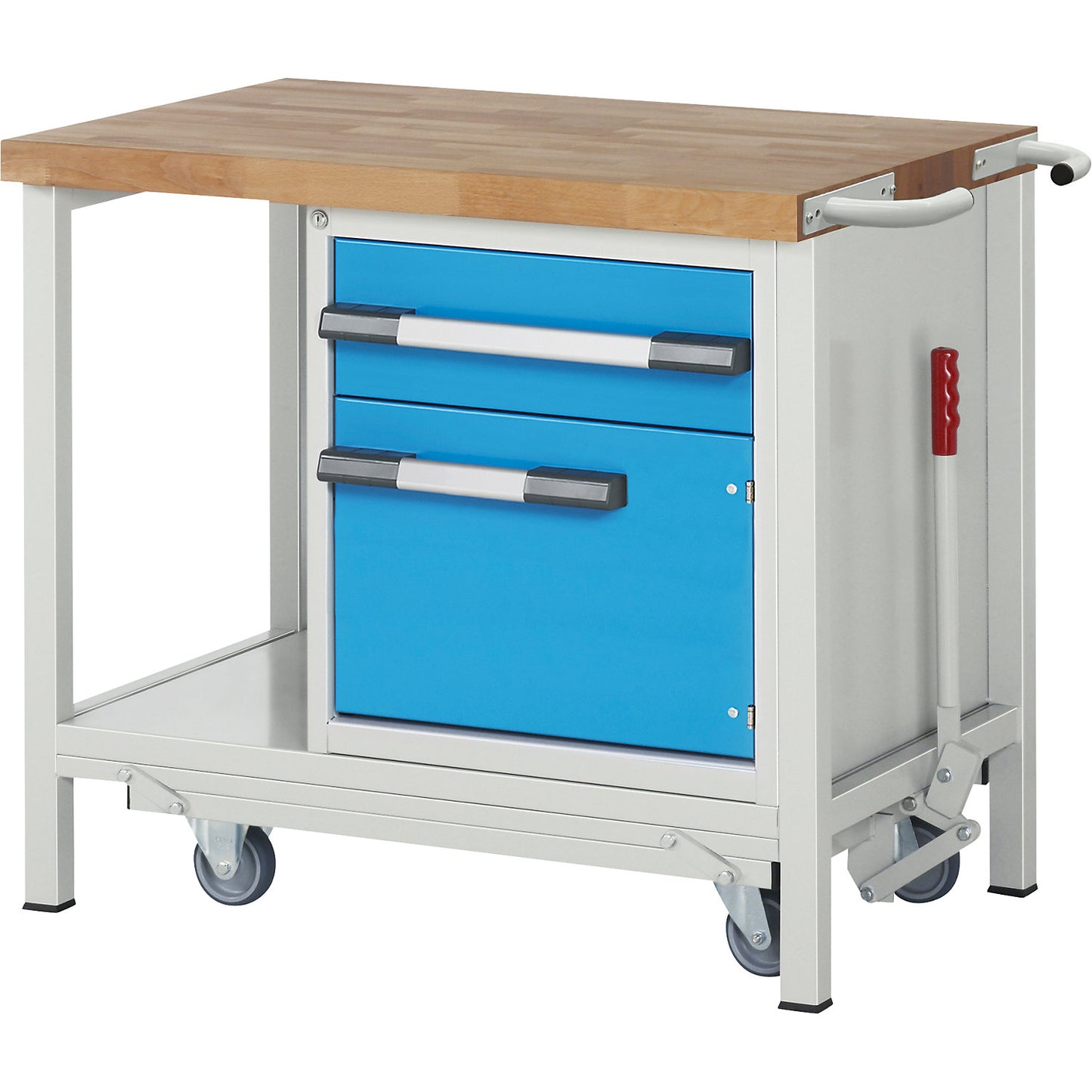 Mobile and lowerable workbench, Series 8000 frame construction, 1 drawer, 1 door, storage shelf, WxD 1000 x 700 mm.