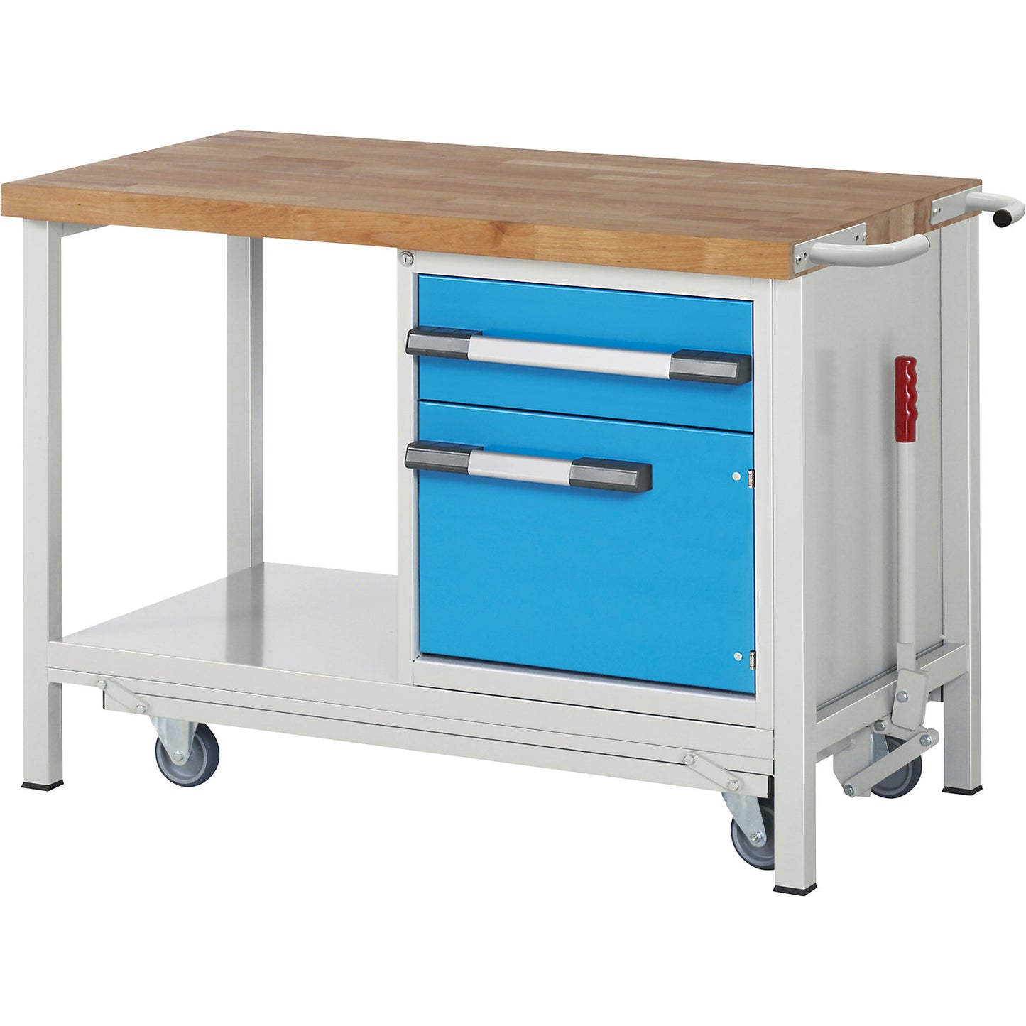 Mobile and lowerable workbench, Series 8000 frame construction, 1 drawer, 1 door, storage shelf, WxD 1250 x 700 mm.