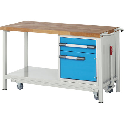Mobile and lowerable workbench, Series 8000 frame construction, 1 drawer, 1 door, storage shelf, WxD 1500 x 700 mm.